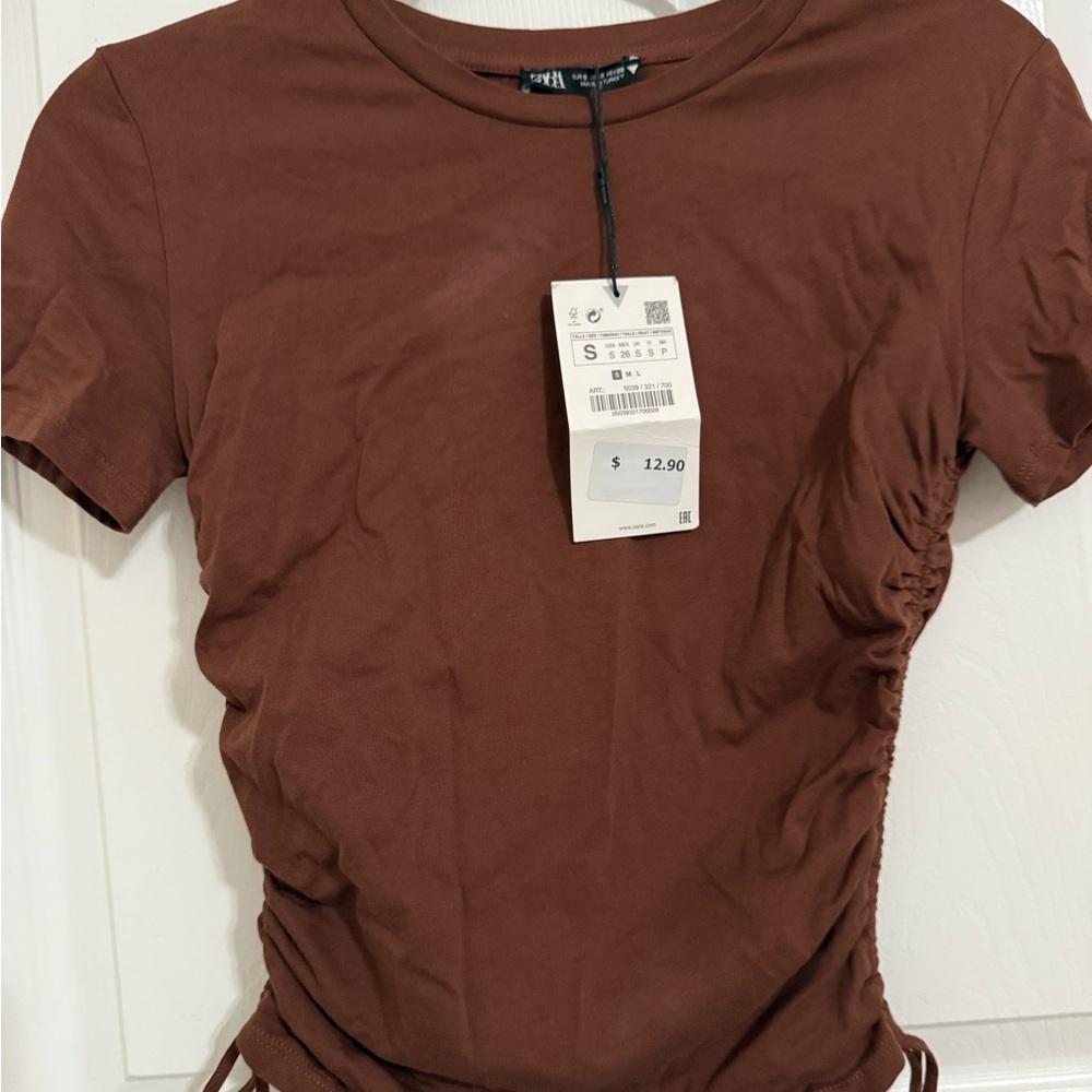 Zara Brown Ruched Fitted T-Shirt